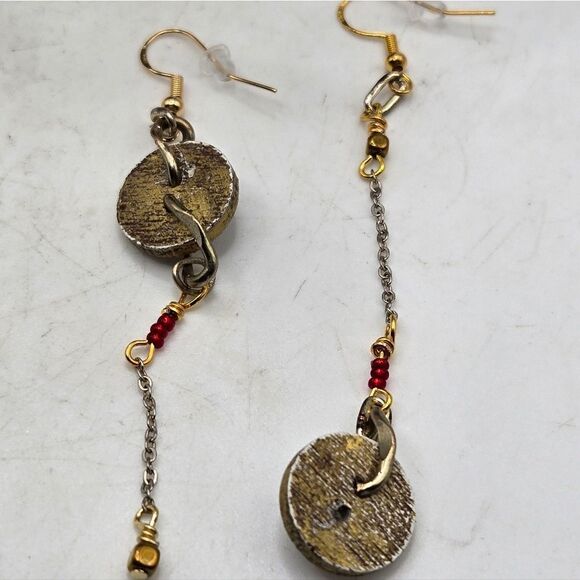 "5/$25" Handmade Mismatched Wood Floral Button Mixed Metal Dangle Earrings - Picture 4 of 6